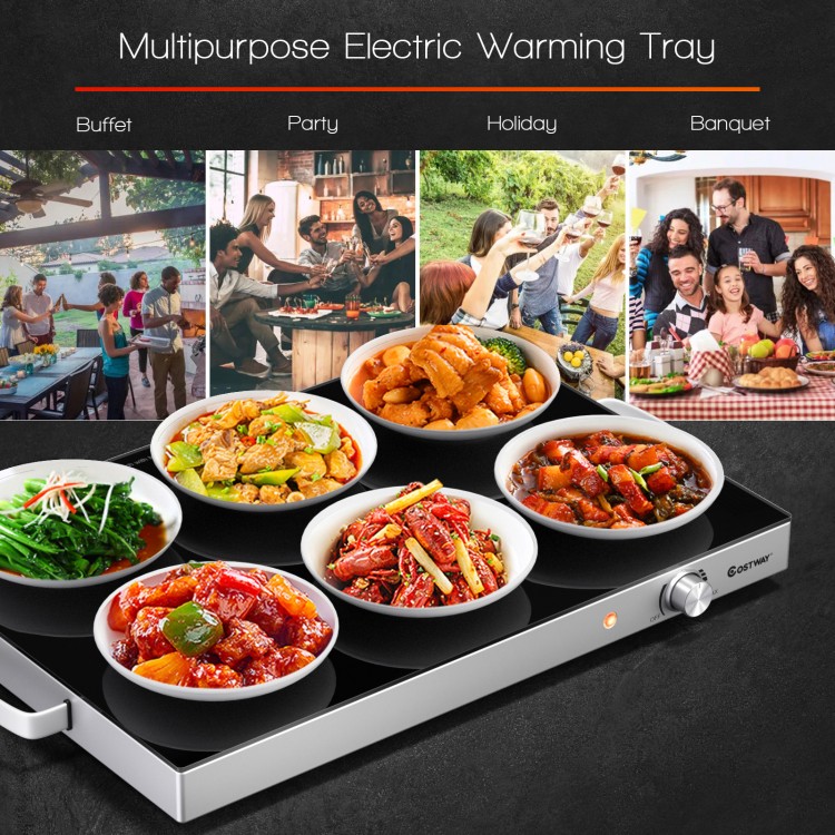 Electric warming tray with adjustable temperature, spacious glass top, ideal for buffets and parties.