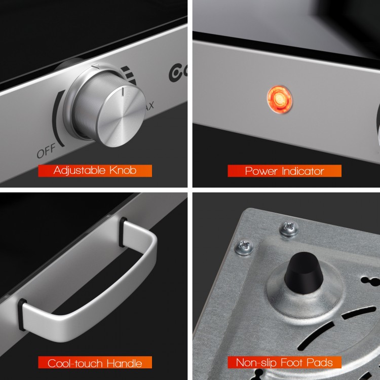 Adjustable temperature knob and power indicator of the 22 x 14 inch electric warming tray for safe and easy use.