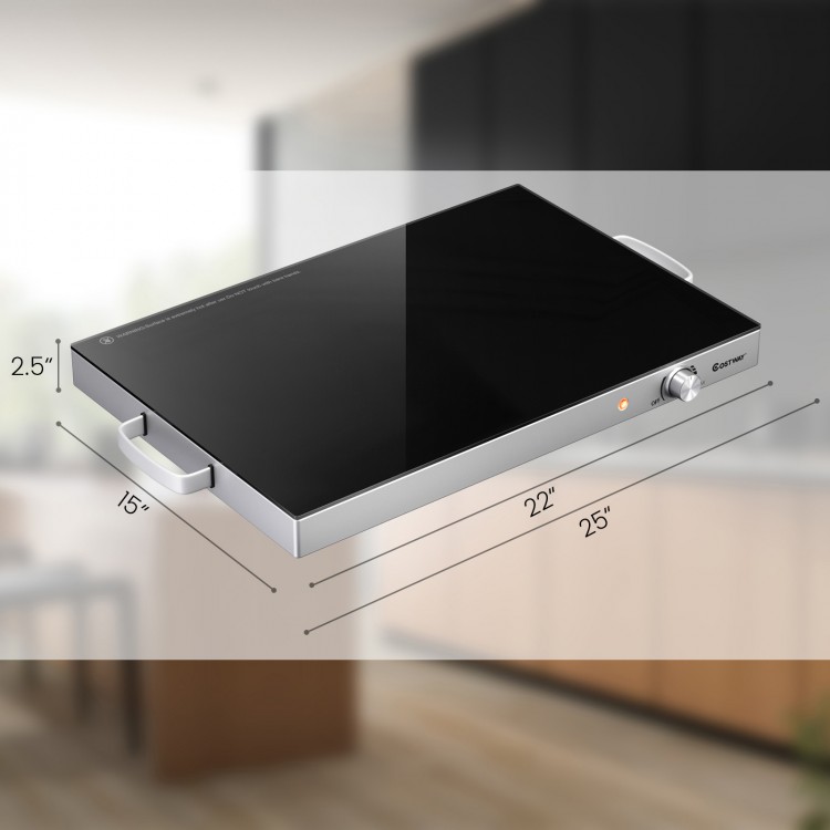Electric warming tray with a 22 x 14 inch glass top, adjustable temperature, and stainless steel design for buffets and.