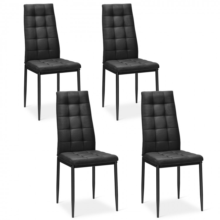 Set of 4 ergonomic fabric dining chairs with high back, upholstered cushions, and sleek black powder-coated legs.