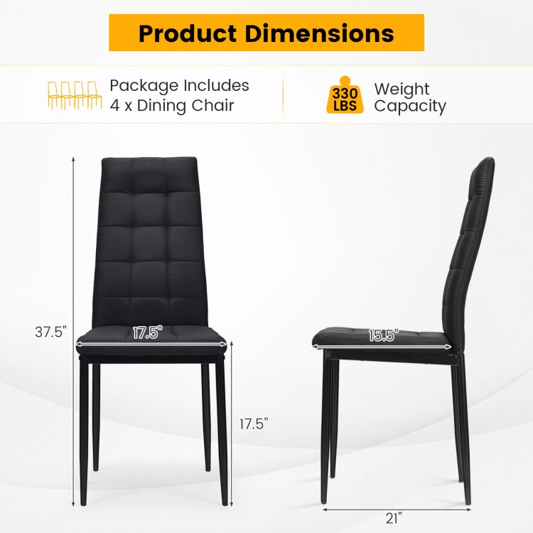 Dimensions of a black upholstered dining chair from a set of 4, featuring a high back and sturdy metal legs.