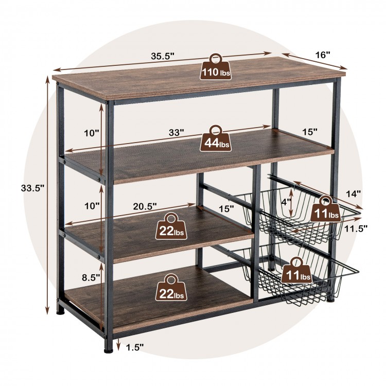 4-tier industrial kitchen baker's rack in rustic brown with 2 wire baskets, ideal for kitchen storage and organization.