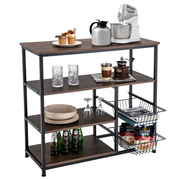 4-tier industrial kitchen baker's rack in rustic brown with 3 open shelves and 2 wire baskets for versatile storage.
