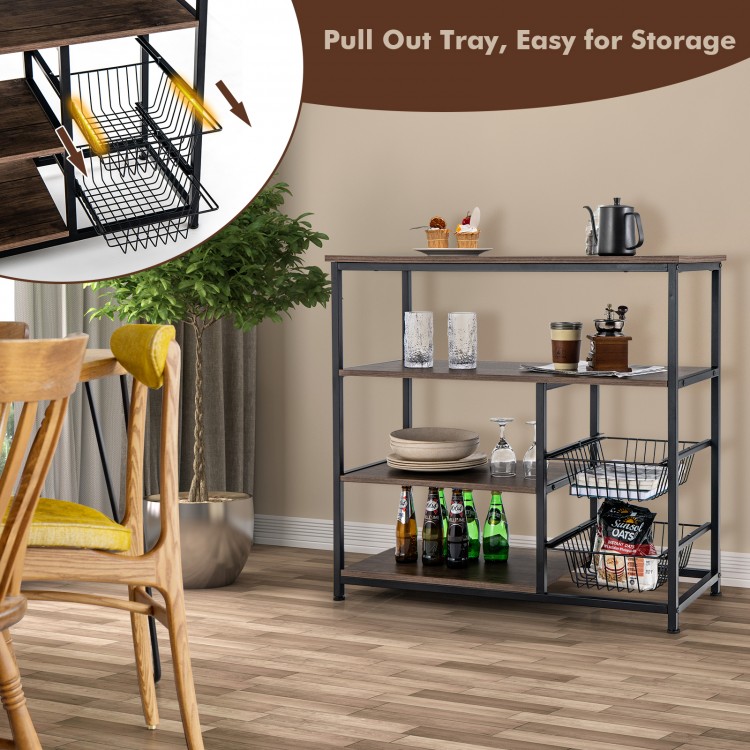 4-tier industrial kitchen baker's rack in rustic brown with 2 pull-out wire baskets for versatile storage solutions.