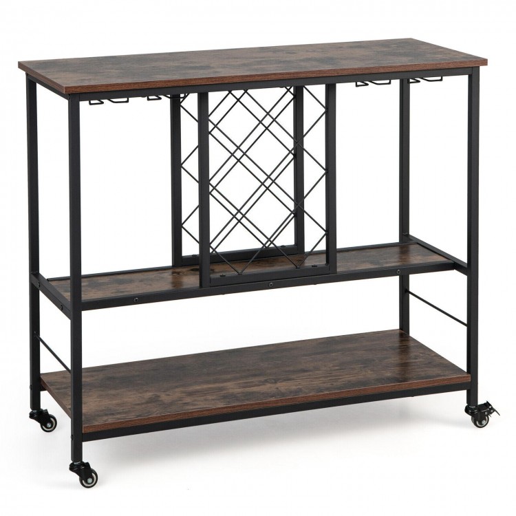3-tier rustic brown wine bar cabinet with 8-bottle rack and 12-glass hangers, featuring lockable wheels for easy.
