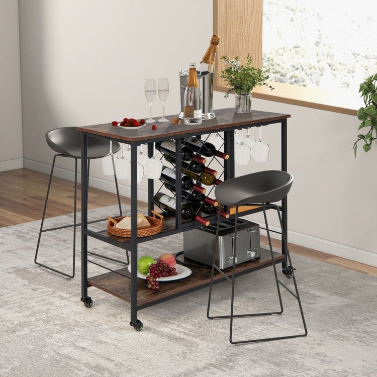 Rustic brown 3-tier wine bar cabinet with 8-bottle rack and 12-glass hanger, featuring lockable wheels for easy.