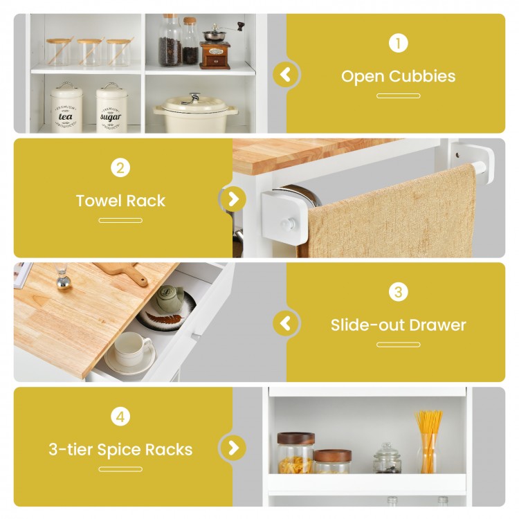 Kitchen island trolley cart with open cubbies, slide-out drawer, and towel rack, ideal for kitchen storage and prep.