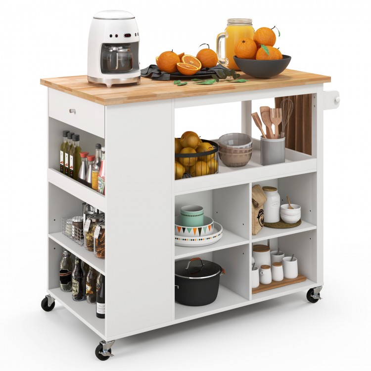 Kitchen island trolley cart with rubber wood countertop, adjustable shelves, and storage drawer, ideal for kitchen.