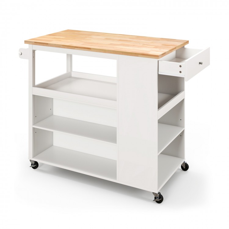 Kitchen island trolley cart with rubber wood countertop, adjustable shelves, and drawer, ideal for kitchen storage and.