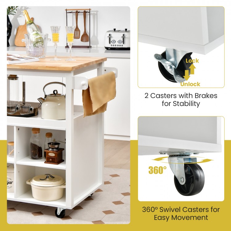 Kitchen island trolley cart with a rubber wood countertop, adjustable shelves, and 360° swivel casters for easy.