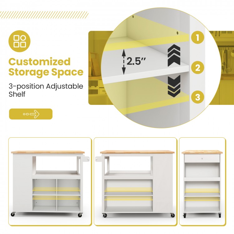 Kitchen island trolley cart with white finish, adjustable shelves, and rubber wood countertop for versatile storage.