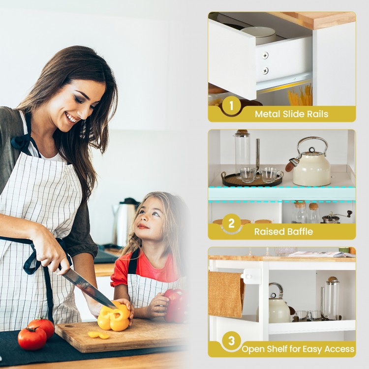 Kitchen island trolley cart with a rubber wood countertop, adjustable shelves, and slide-out drawer for versatile.