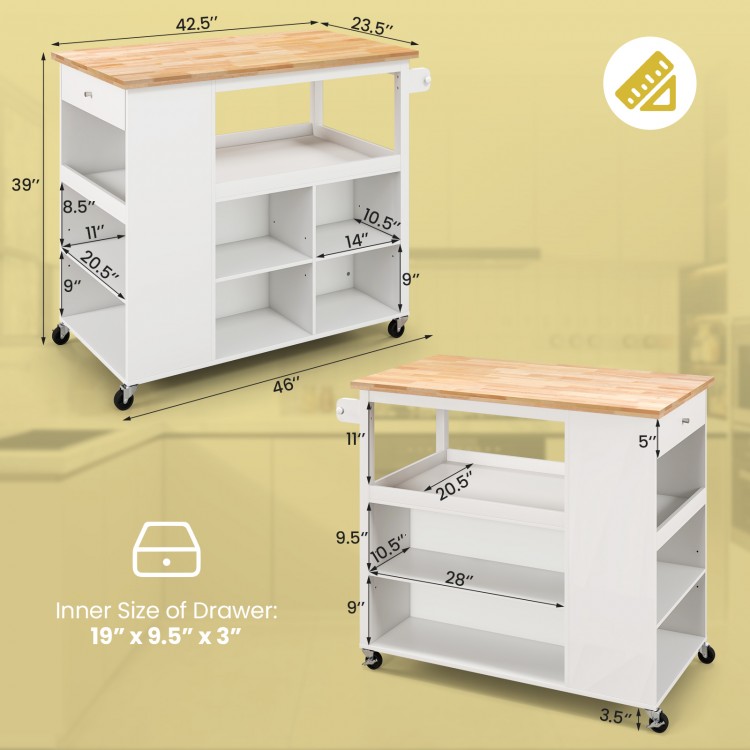 Kitchen island trolley cart with rubber wood countertop, adjustable shelves, and slide-out drawer for versatile storage.