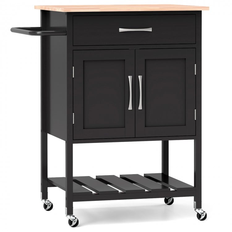 Rolling kitchen island cart in black with rubber wood countertop, drawer, towel rack, and 360° swivel casters for easy.