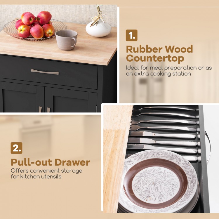 Rubber wood countertop of the black rolling kitchen island cart, ideal for meal prep and extra cooking space.