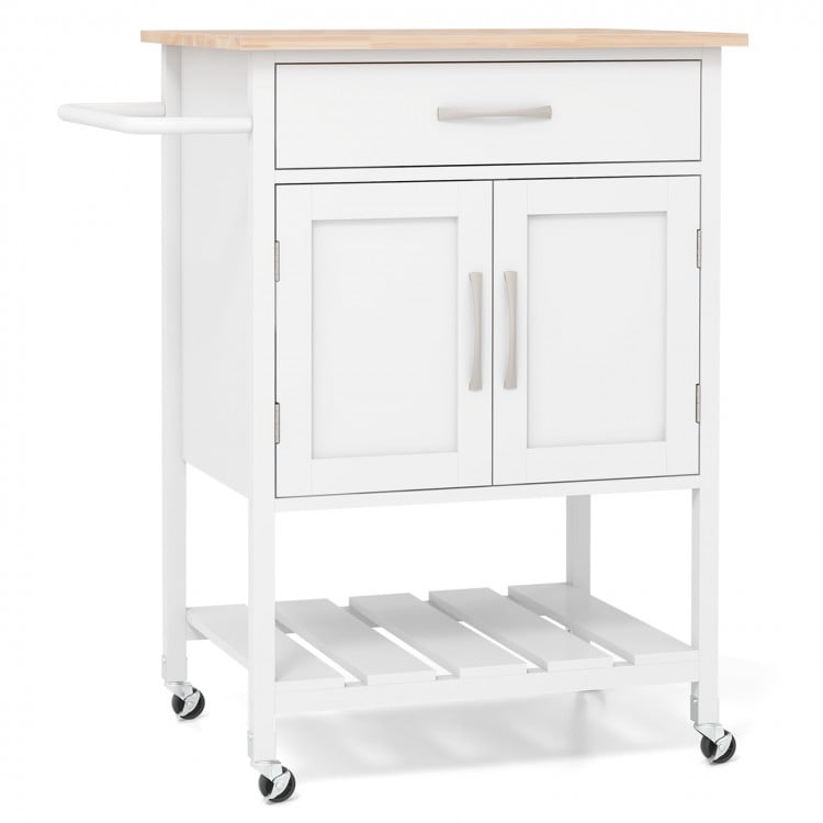 Rolling kitchen island cart in white with rubber wood countertop, drawer, towel rack, and 360° swivel casters for easy.