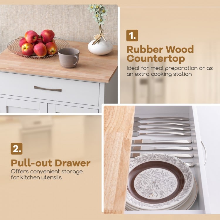 Rubber wood countertop of the rolling kitchen island cart with pull-out drawer, ideal for food preparation and storage.