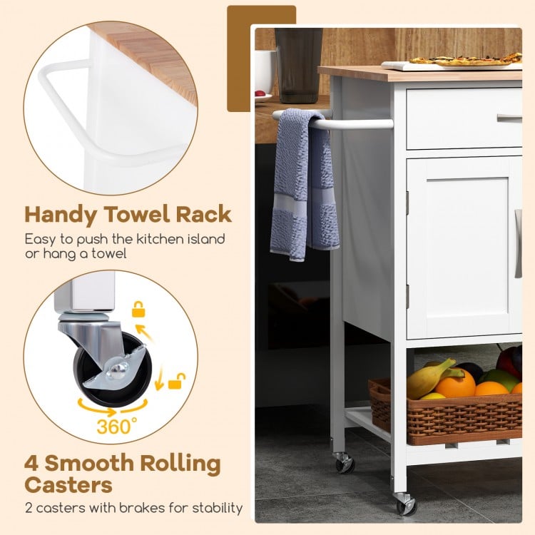 Rolling kitchen island cart in white with rubber wood countertop, towel rack, and smooth rolling casters for easy.