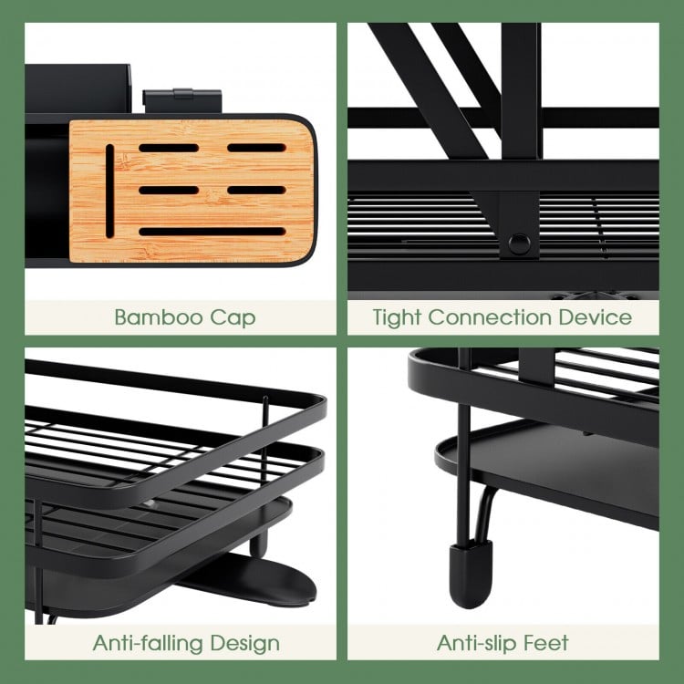 Close-up of the anti-slip feet and anti-falling design of the black 2-tier collapsible dish rack with removable drip.