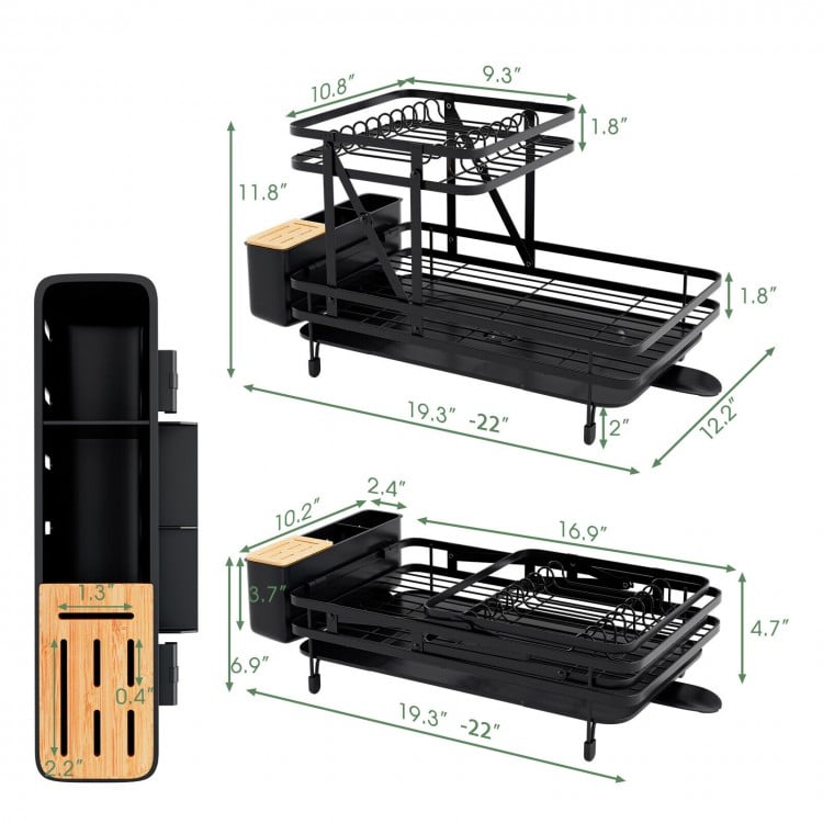 2-tier collapsible dish rack in black with removable drip tray, holding plates, bowls, and cutlery for kitchen.