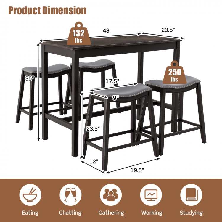 Bar table dimensions with 4 upholstered stools, showcasing space-saving design for dining rooms and kitchens.