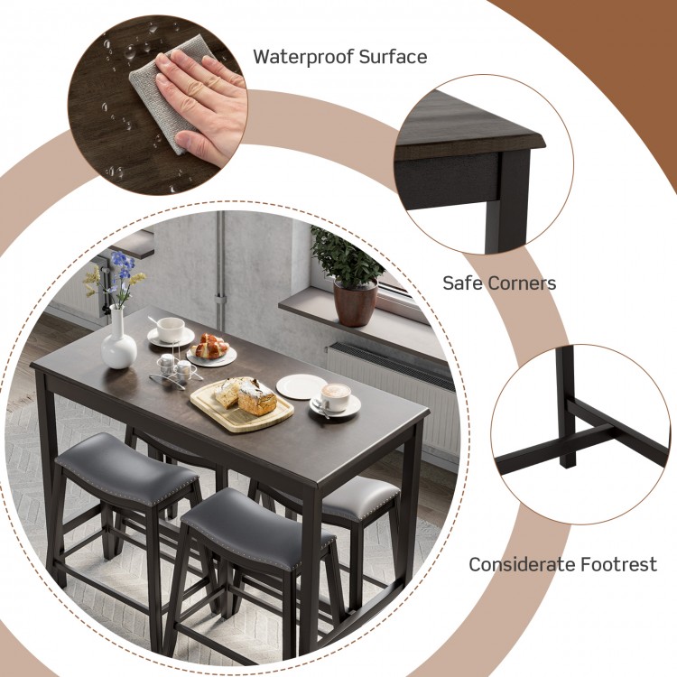 5-piece dining set featuring a spacious bar table and 4 upholstered stools with waterproof surface and safe corners.