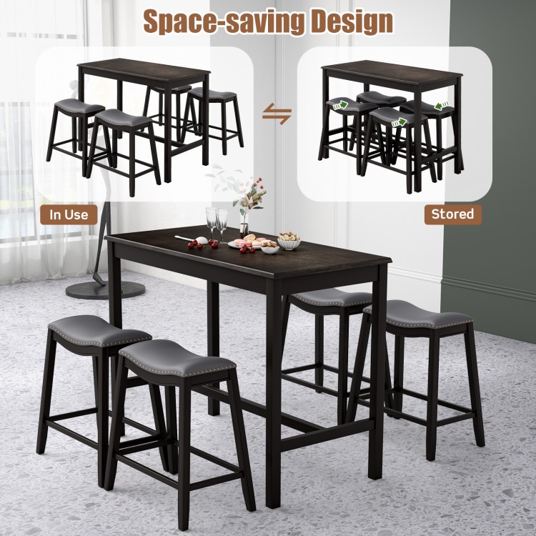 5-piece dining set featuring a bar table and 4 upholstered stools, designed for space-saving and modern dining.