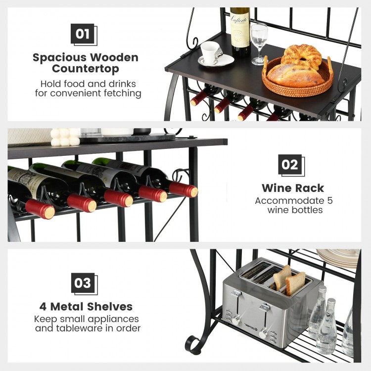 5-tier metal kitchen baker's rack featuring a spacious countertop and wine rack for 5 bottles, ideal for dining or.