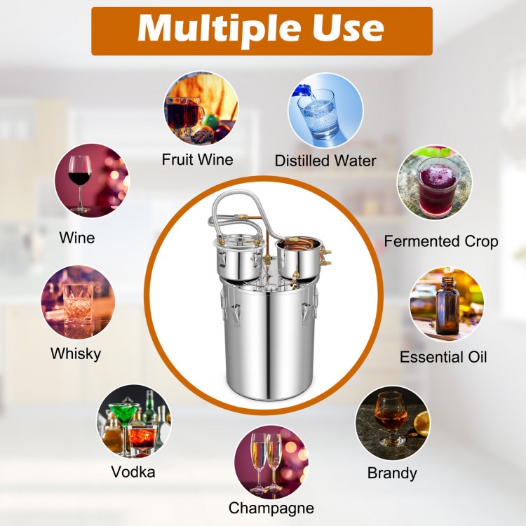 Stainless steel 10 Gal water alcohol distiller with thumper keg, ideal for making whisky, brandy, and fruit wine.