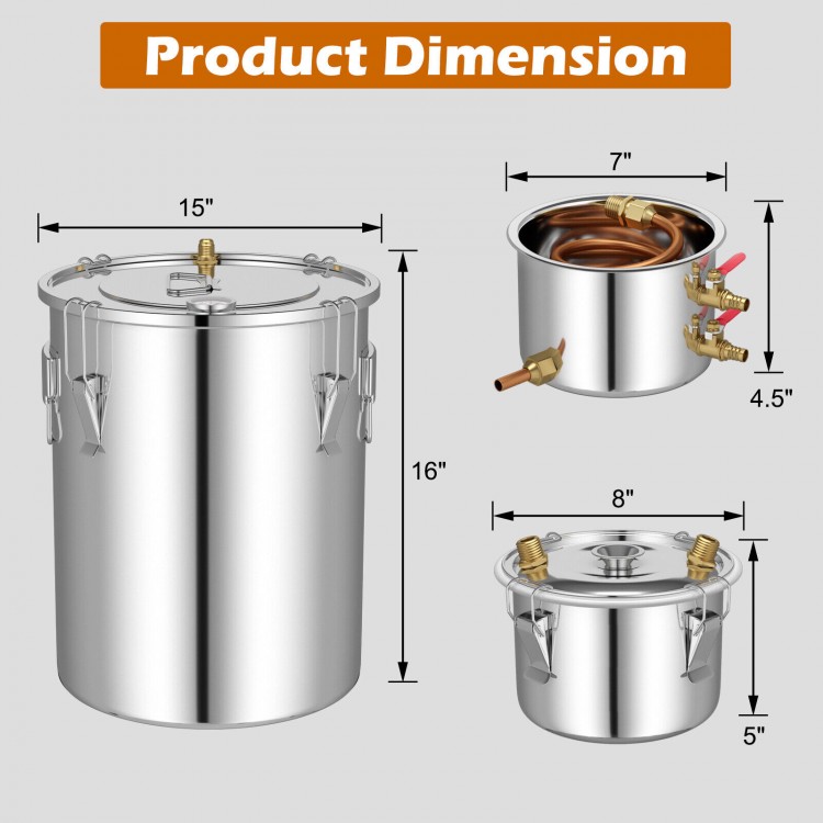 Detailed dimensions of the 10 Gal water alcohol distiller, showcasing the boiler pot, thumper keg, and condenser.