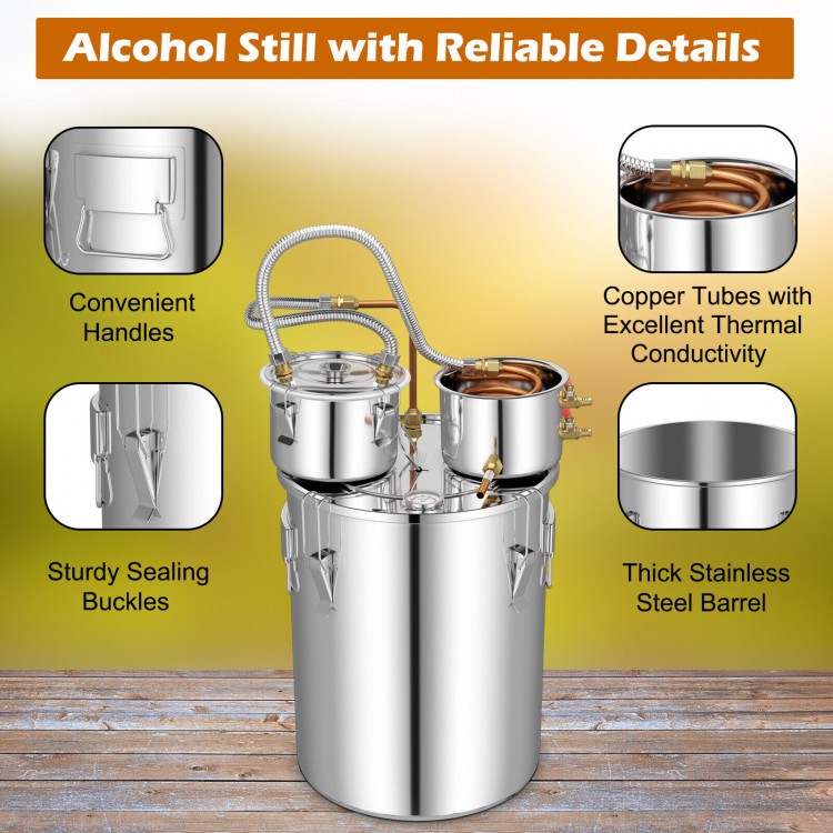 5-gallon alcohol distiller featuring a stainless steel barrel, copper tubes, and sturdy sealing buckles for DIY whisky.