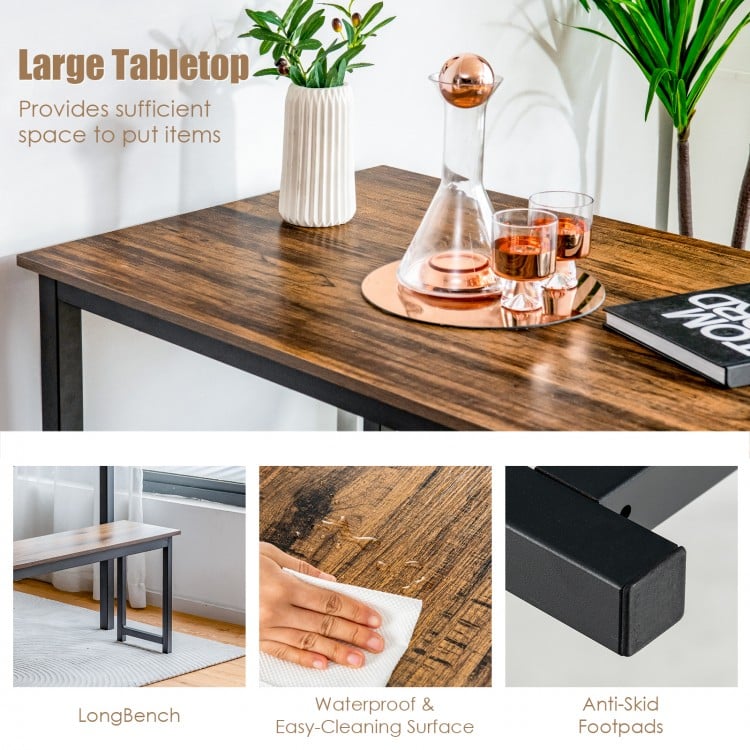 Dining table set with large brown tabletop and two benches, perfect for dining rooms and compact spaces.