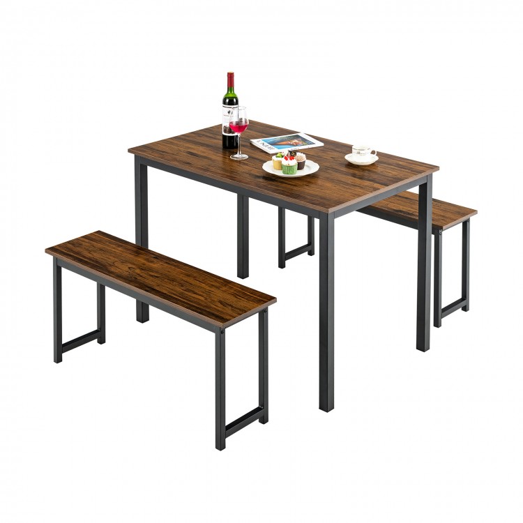 Dining table set with two benches in brown, featuring a compact design for kitchens and dining rooms.