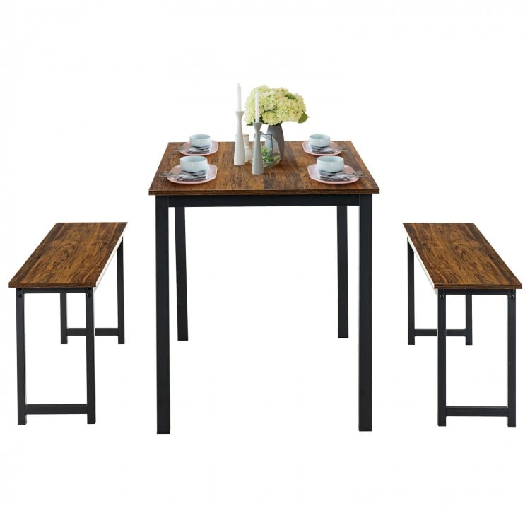 3-piece dining table set with 2 benches in brown, perfect for small spaces in kitchens or dining rooms.