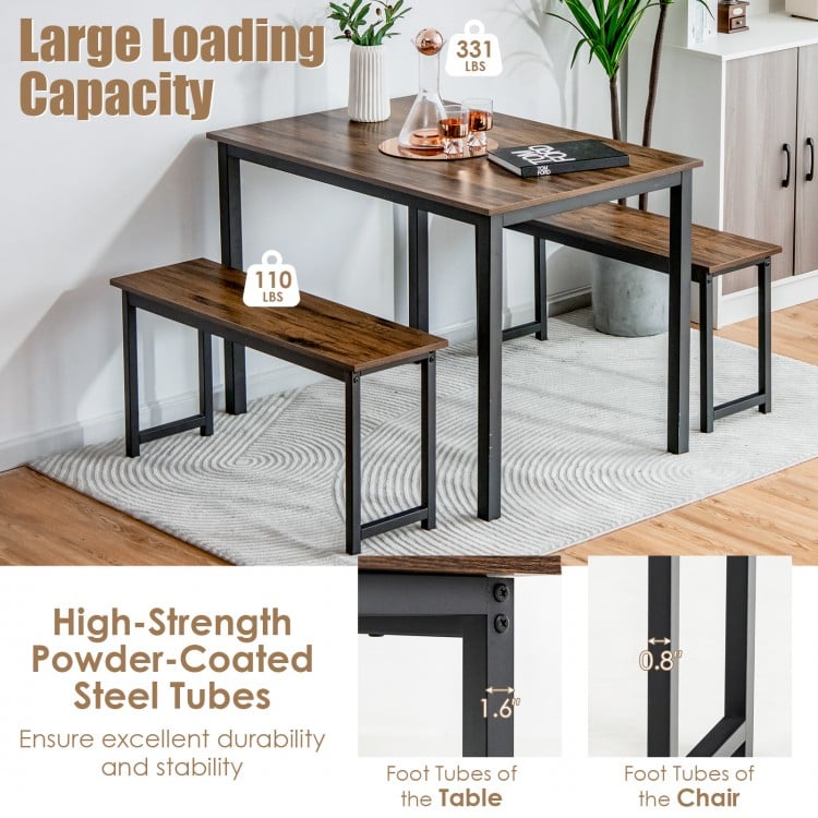 3-piece dining table set with 2 benches in brown, featuring a compact design for kitchens and small spaces.