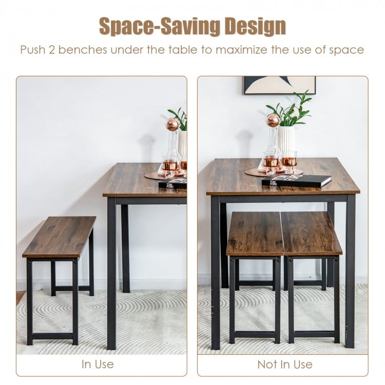 Dining table set with 2 benches in use and stored, featuring a compact, space-saving design for small spaces.