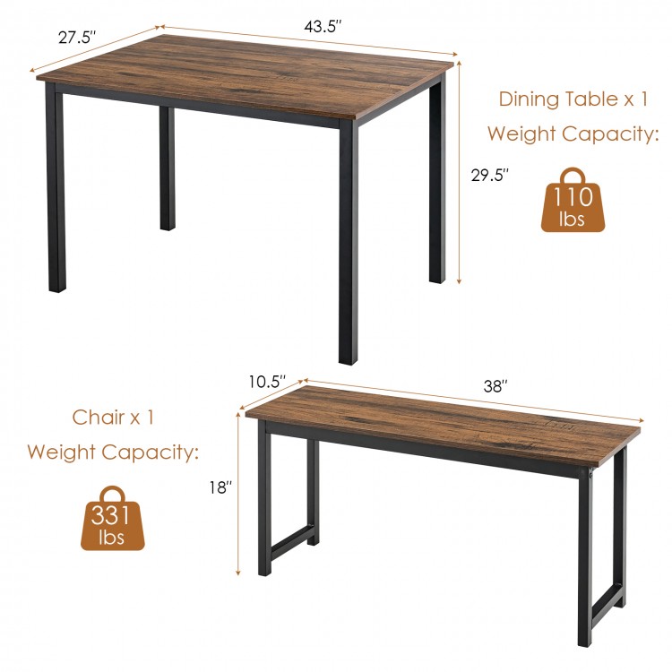 Dining table set featuring a brown wood surface and black metal frame, ideal for kitchens and small spaces.