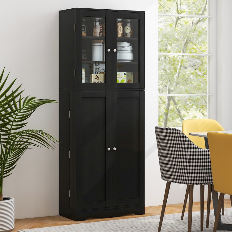 Tall black kitchen pantry cabinet with dual tempered glass doors and shelves, ideal for living room or dining room.