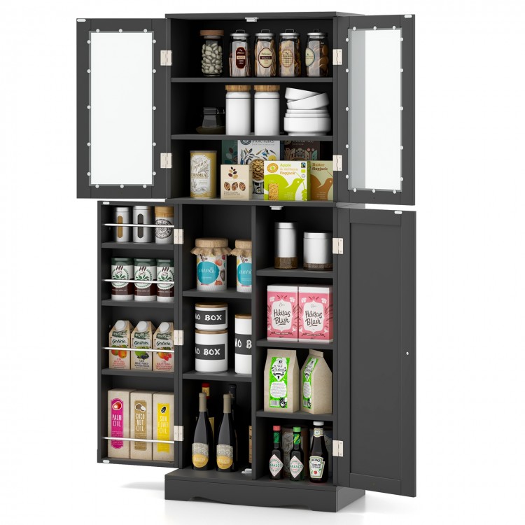 Tall kitchen pantry cabinet in black with dual tempered glass doors and ample storage for kitchen essentials.