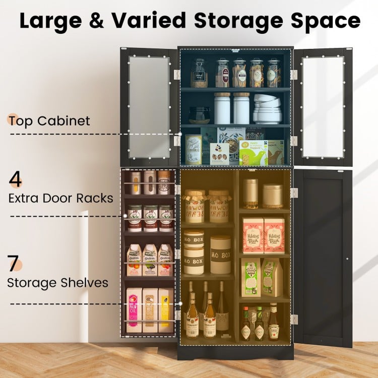 Tall kitchen pantry cabinet in black with dual tempered glass doors, featuring 7 shelves and 4 door racks for ample.
