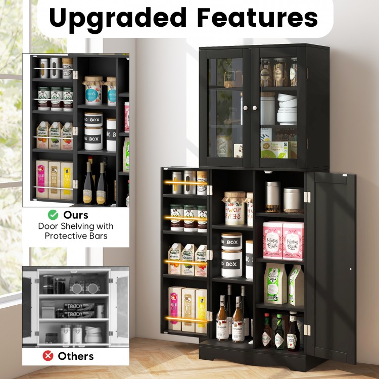 Tall kitchen pantry cabinet in black with dual tempered glass doors, featuring spacious storage and anti-toppling.