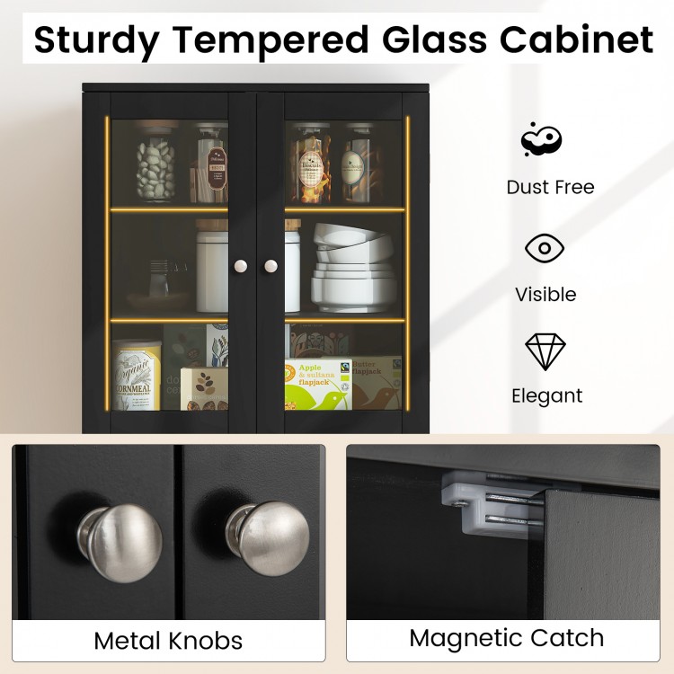 Tall black kitchen pantry cabinet with dual tempered glass doors and metal knobs, ideal for stylish storage in any room.