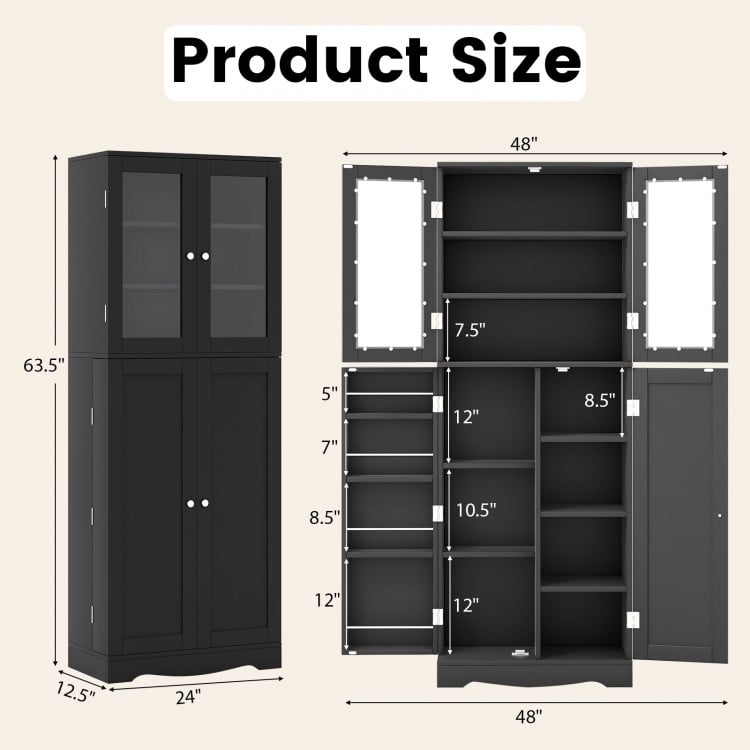 Tall kitchen pantry cabinet in black with dual tempered glass doors, showcasing dimensions and storage features.
