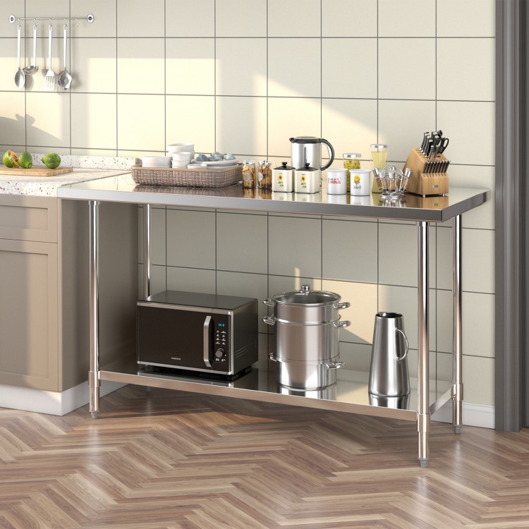 Stainless steel kitchen prep work table with adjustable undershelf, 24 x 60 inches, ideal for restaurant or home use.