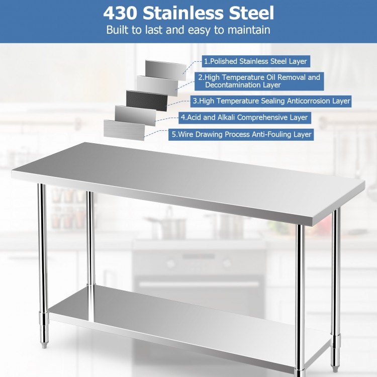 Close-up of the smooth 430 stainless steel surface of the 24 x 60 inches kitchen prep work table for easy maintenance.
