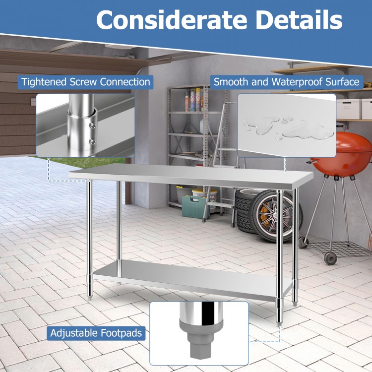 Stainless steel kitchen prep table with adjustable undershelf and footpads, featuring a smooth waterproof surface.
