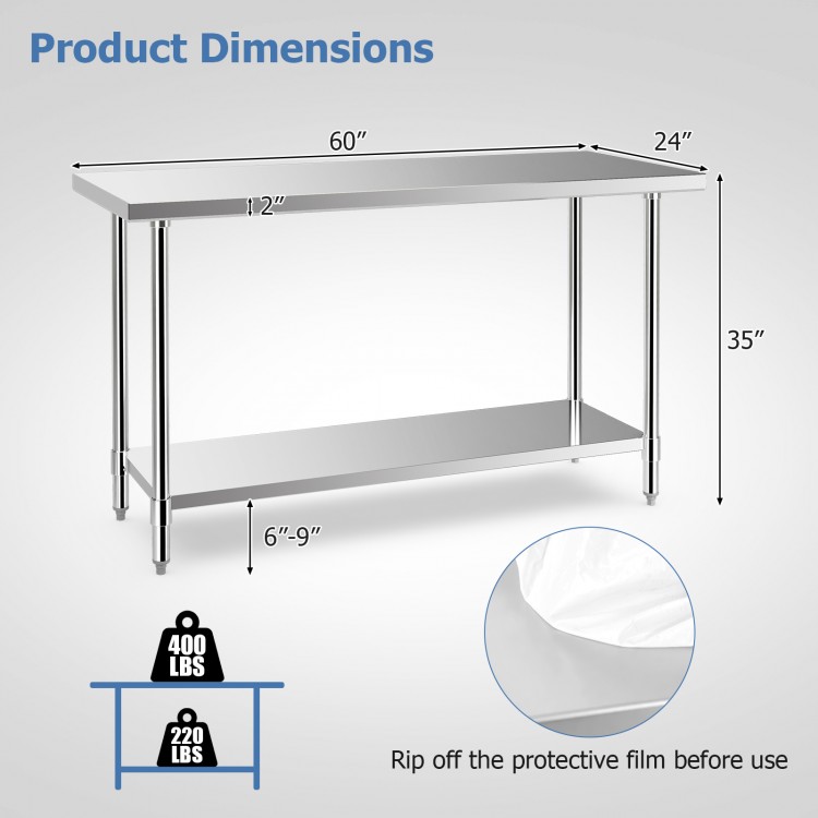 Stainless steel kitchen prep work table measuring 24 x 60 inches with adjustable undershelf, ideal for restaurant use.