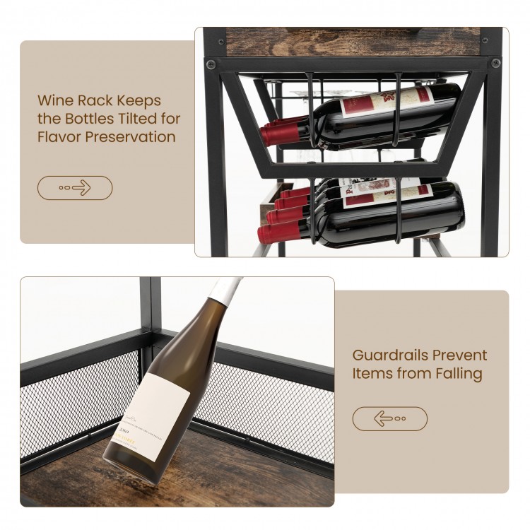 3-tier industrial buffet serving cart with wine rack, guardrails, and removable tray for versatile kitchen storage.