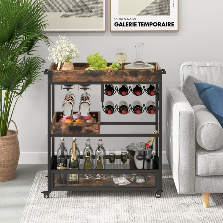 3-tier industrial buffet serving cart with wine rack, featuring a spacious tray top and smooth-rolling casters for easy.