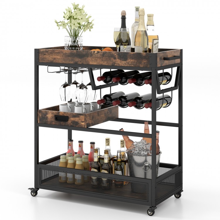 3-tier industrial buffet serving cart with wine rack, featuring a spacious top tray and removable second-tier tray for.
